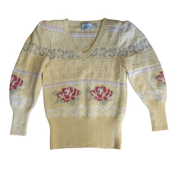 VTG 70s Yellow Pink Floral Cable Knit Vneck Sweater Large *Fits like Small - Picture 8 of 16